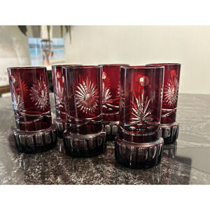 Set of 6 Bohemian Czech Ruby Red Tumbler Crystal Glasses Cut to Clear EUC